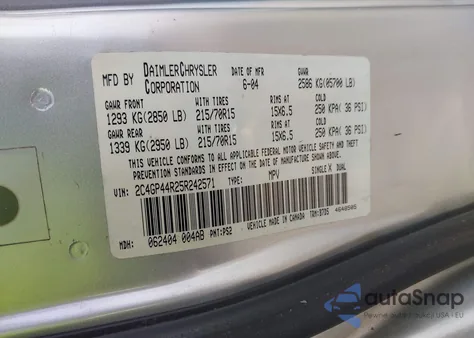 2005 Chrysler Town & Country Lx from USA, damaged, VIN 2C4GP44R25R242571